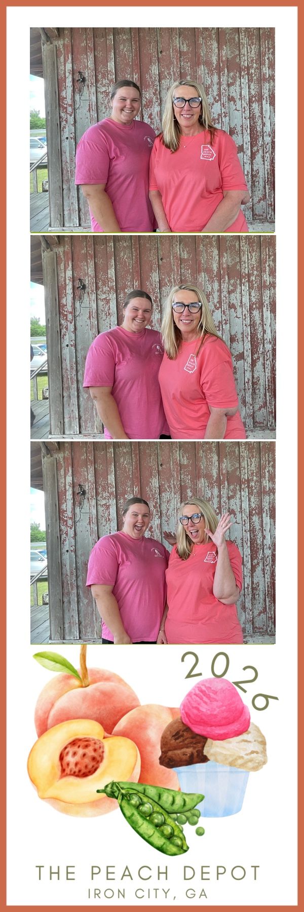 Two women in matching pink shirts smile in a photo booth strip at The Peach Depot, Iron City, GA.