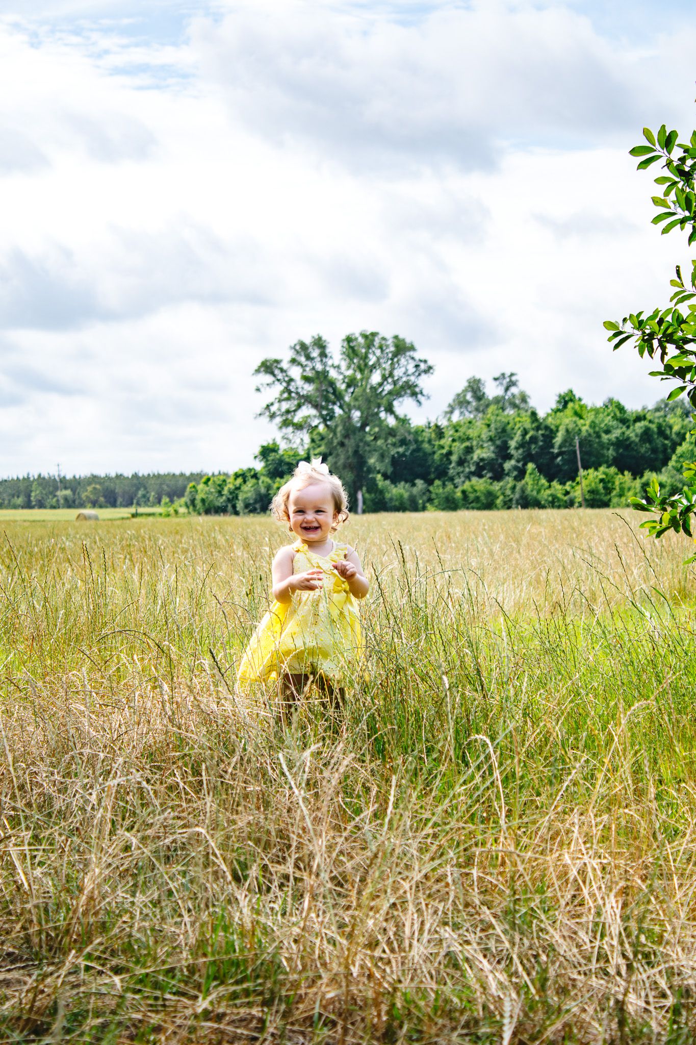 Cheerful little girl in yellow dress standing in a meadow of tall dry grass with green trees in background.