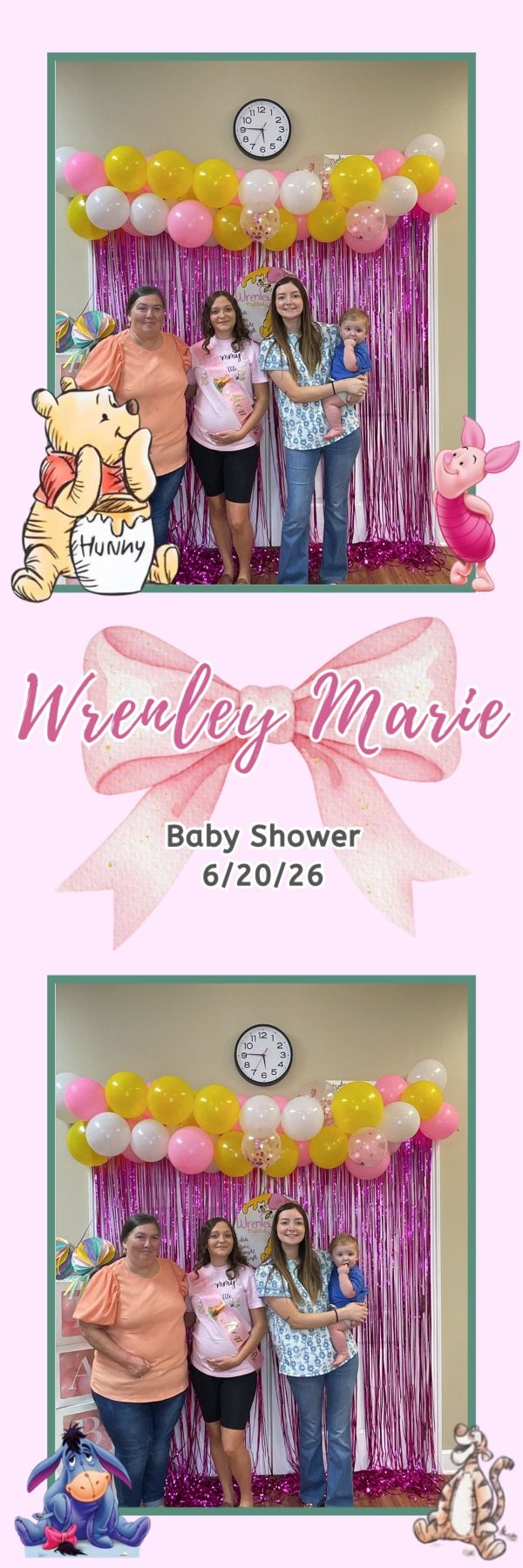 Winnie the Pooh themed baby shower photo booth with four guests posing in front of pink tinsel backdrop with balloon arch.