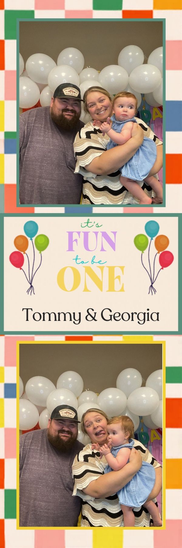 Family photo booth strip of couple with baby at Tommy & Georgia's fun first birthday party.