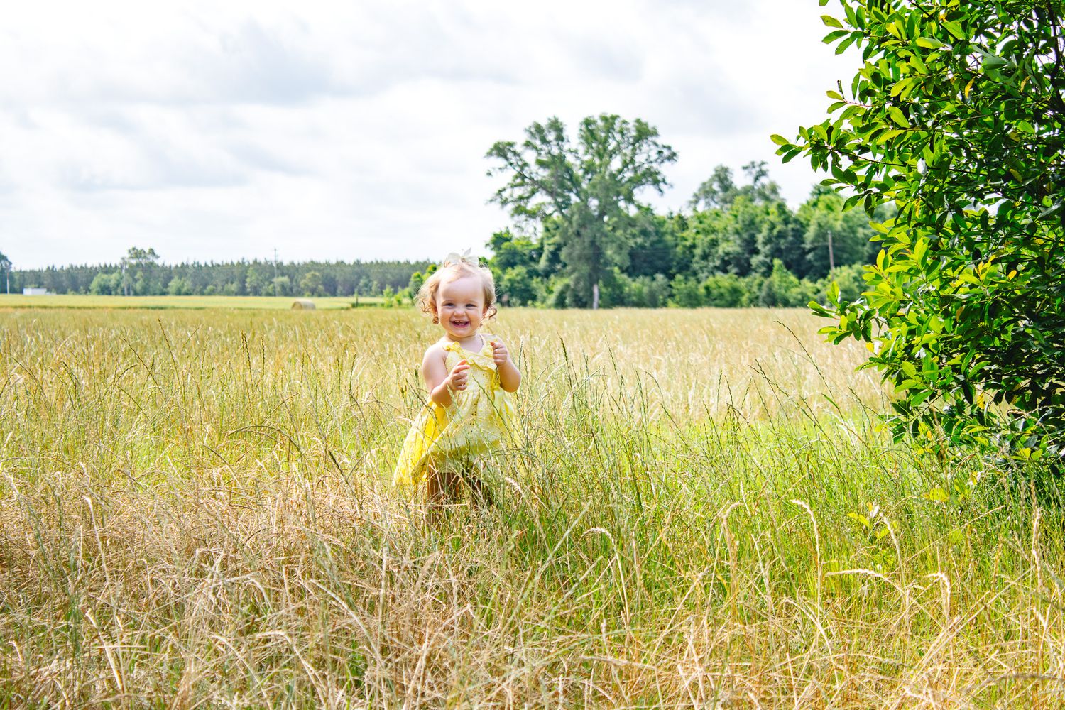 Happy toddler girl in yellow dress running through tall golden grass field on a cloudy summer day.