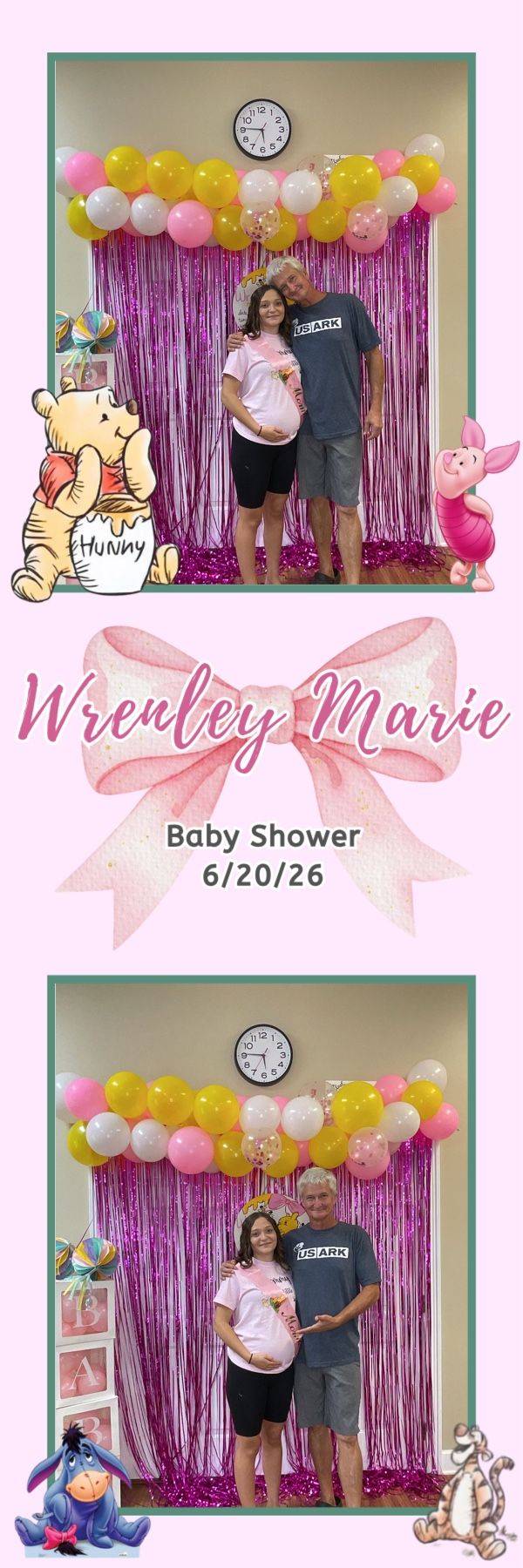 Wrenley Marie Baby Shower photo booth with pregnant woman and man posing before pink tinsel backdrop with colorful balloons.
