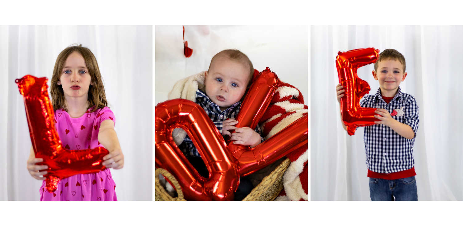 Three children holding red number balloons spelling out a date in a Valentine's Day themed photo collage.