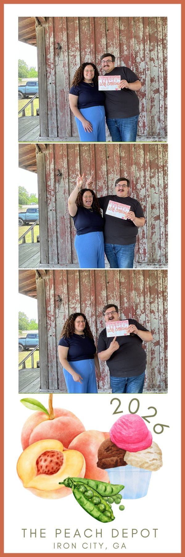 A couple poses playfully in a photo booth strip at The Peach Depot in Iron City, GA, 2026.