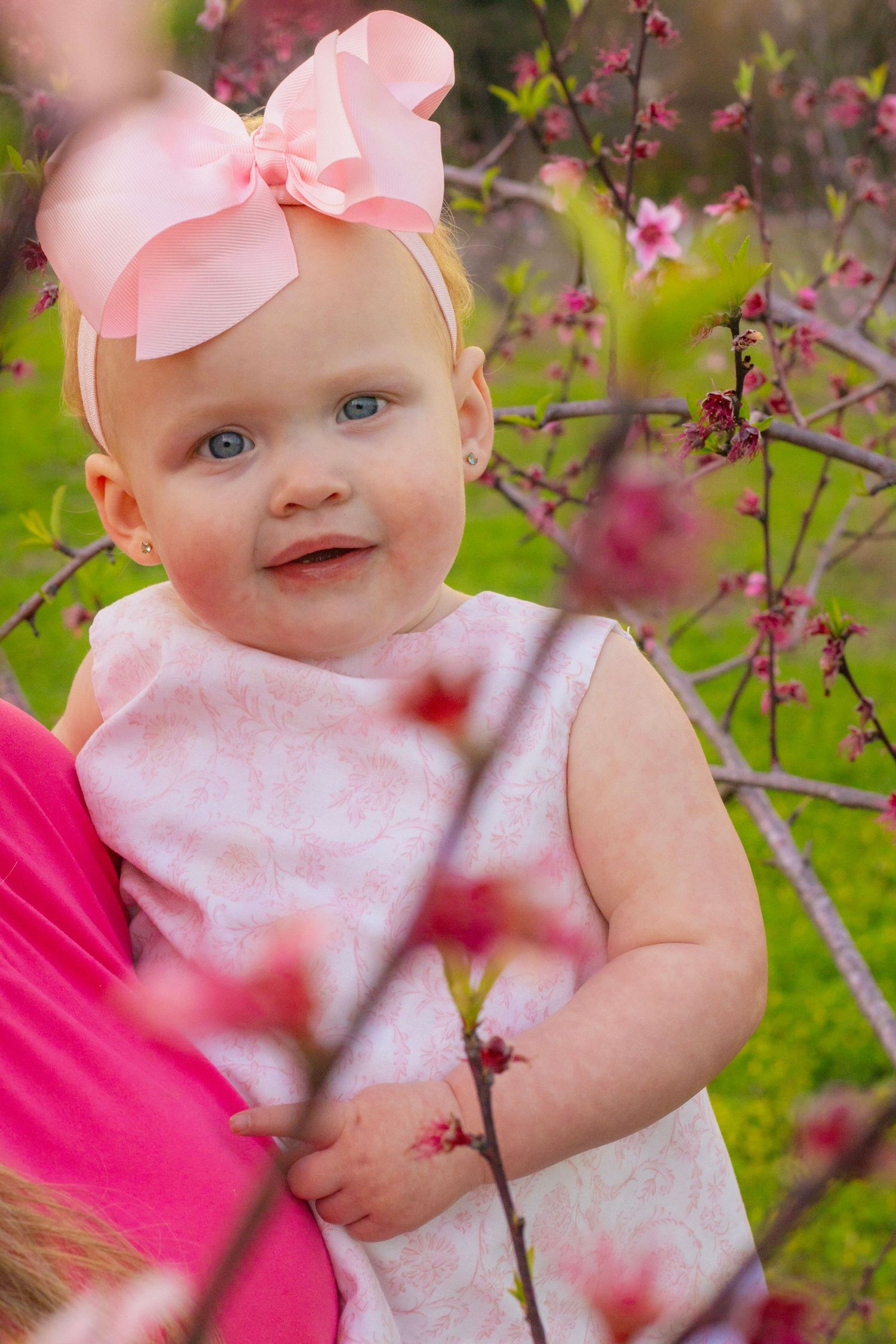Blue-eyed baby girl in pink floral dress with large bow smiling among blooming pink spring blossoms.