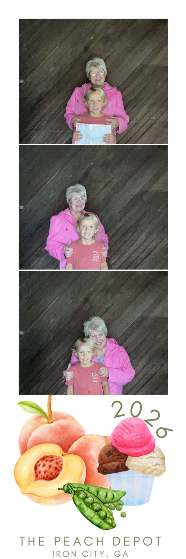 Older woman in pink jacket posing with young child at The Peach Depot photo booth, Iron City, GA 2026.