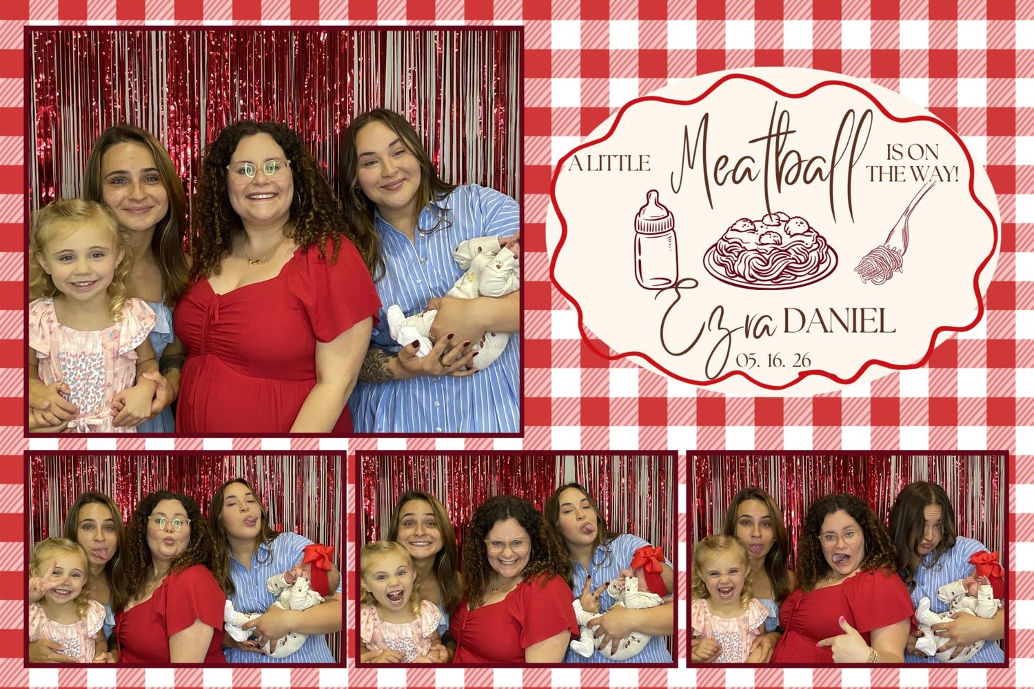 Group photo booth pictures at Ezra Daniel meatball-themed baby shower with women and children posing against red gingham backdrop.