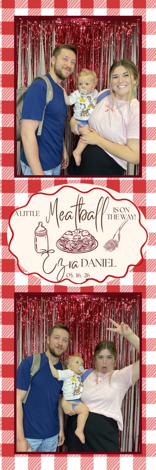 Family photo booth strip at a meatball-themed baby shower for Ezra Daniel, due 05.16.26, with red tinsel backdrop.