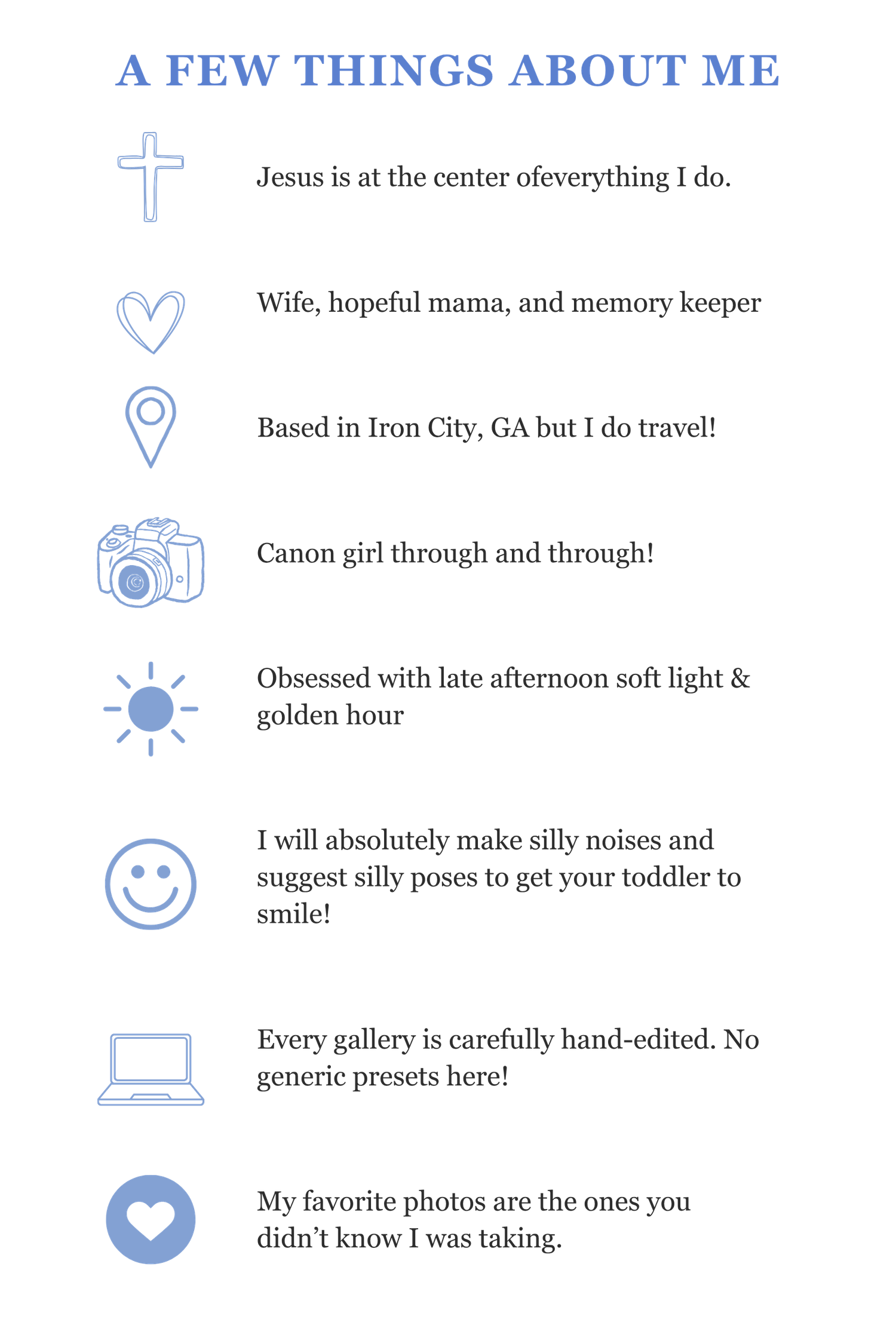 A decorative list of personal facts about a photographer based in Iron City, GA, featuring icons and blue text on white background.