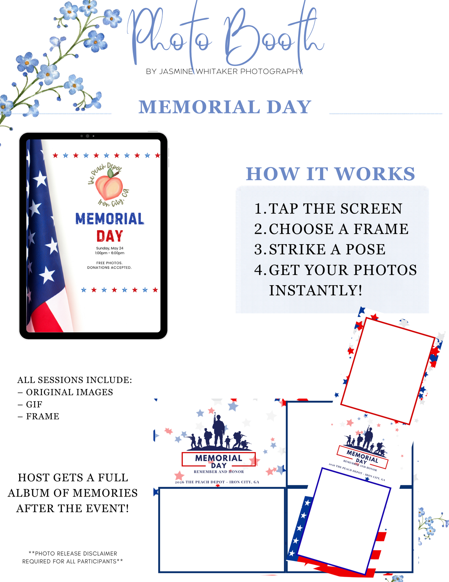 Memorial Day photo booth flyer by Jasmine Whitaker Photography showing frames, GIF options, and step-by-step instructions.