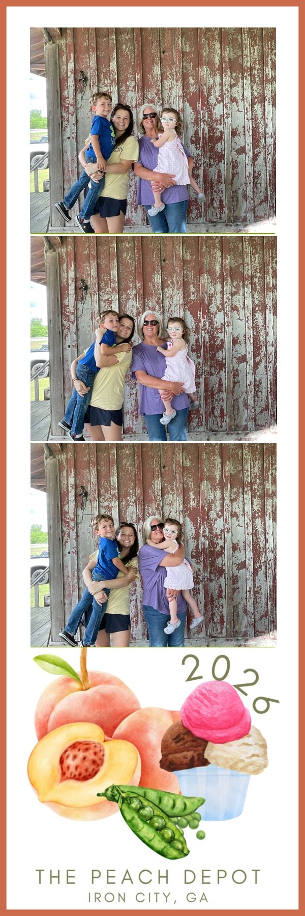 Family photo booth strip from The Peach Depot in Iron City, GA, featuring three poses against a rustic red barn wall, 2026.
