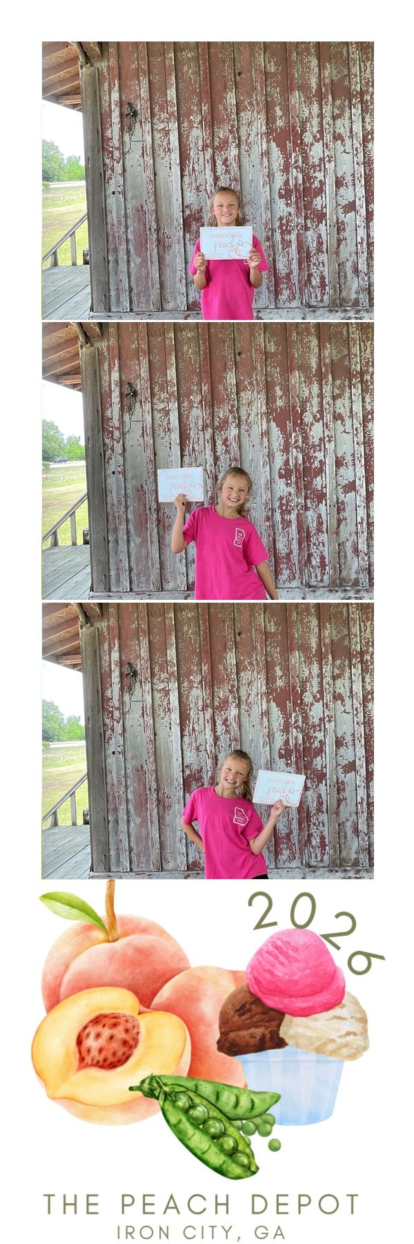 Girl in pink shirt holds sign at The Peach Depot photo booth in Iron City, GA, 2026.