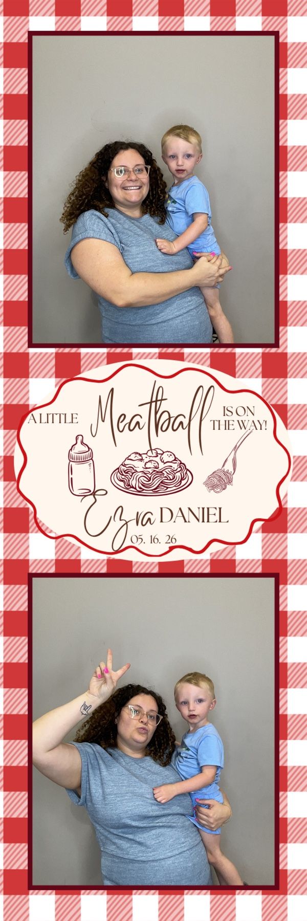 Woman holding toddler at a baby shower photo booth with red gingham border and Ezra Daniel meatball-themed announcement.