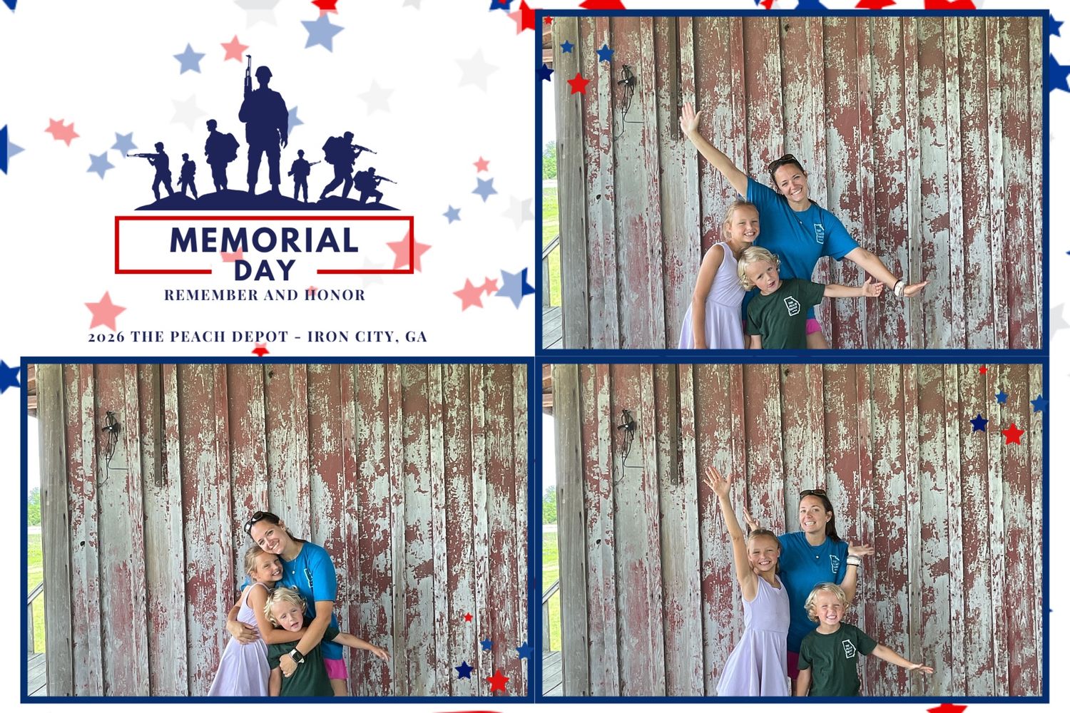 Family posing at Memorial Day photo booth at The Peach Depot in Iron City, GA, with patriotic red, white, and blue decor.