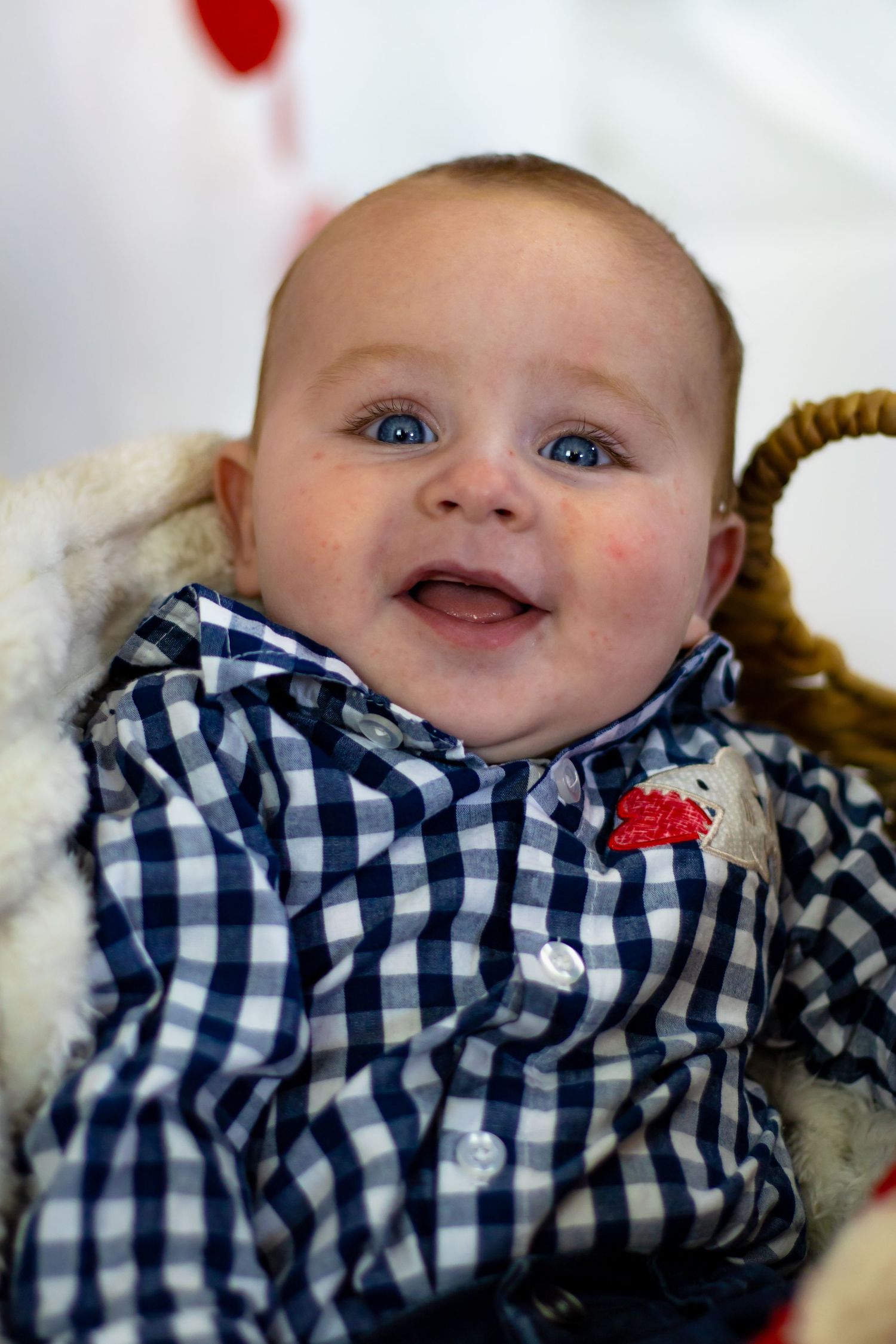 Adorable blue-eyed baby smiling in a navy gingham shirt seated in a wicker basket with Valentine decor.