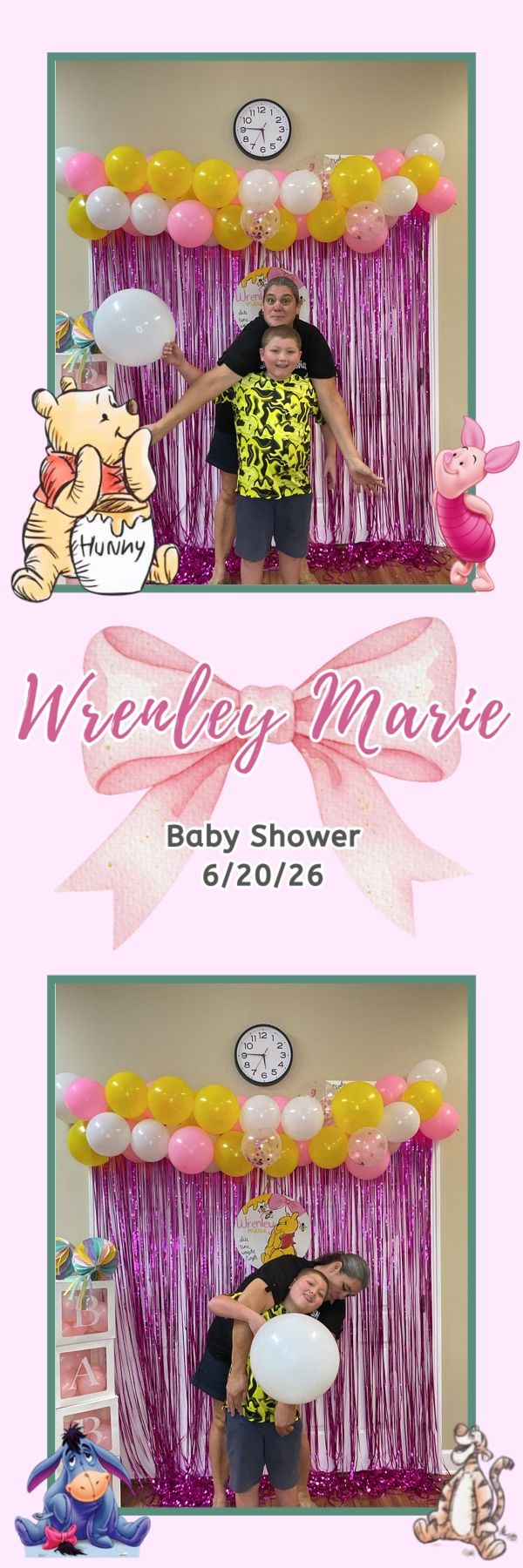 Two children pose playfully at Wrenley Marie baby shower with pink tinsel backdrop and colorful balloon garland.