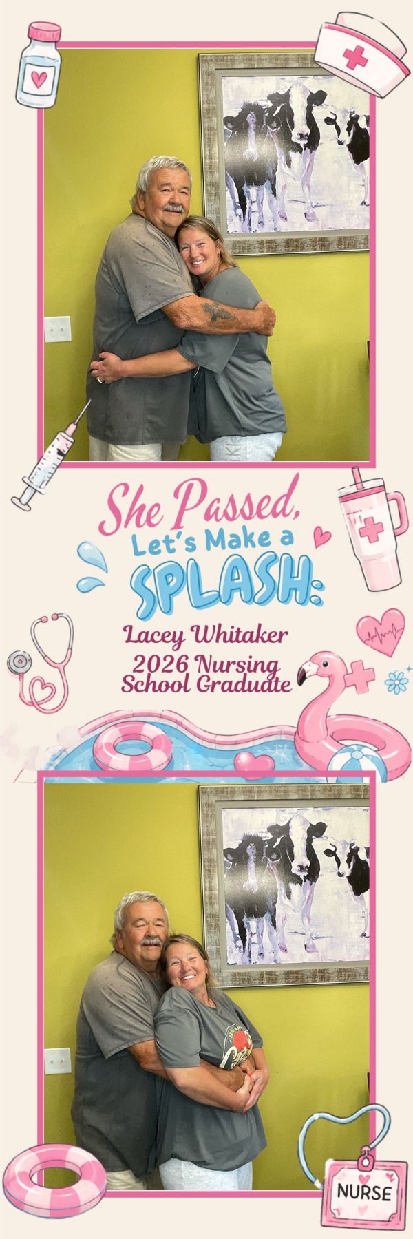 Photo strip celebrating Lacey Whitaker, 2026 nursing school graduate, featuring two poses with a man hugging and smiling.