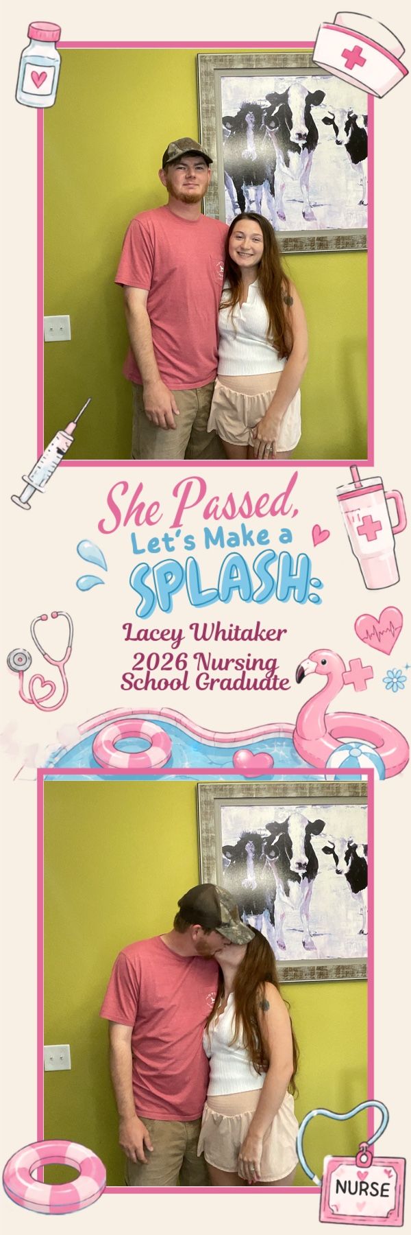 Couple posing and kissing at Lacey Whitaker's 2026 nursing school graduation celebration photo booth.