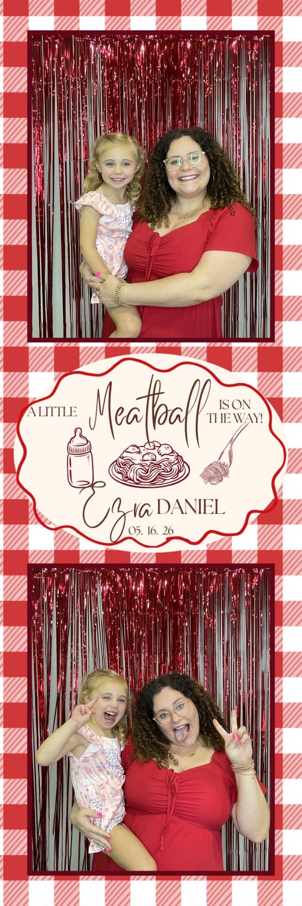 Photo booth strip from Ezra Daniel baby shower with woman in red dress holding young girl, red tinsel backdrop, meatball theme.