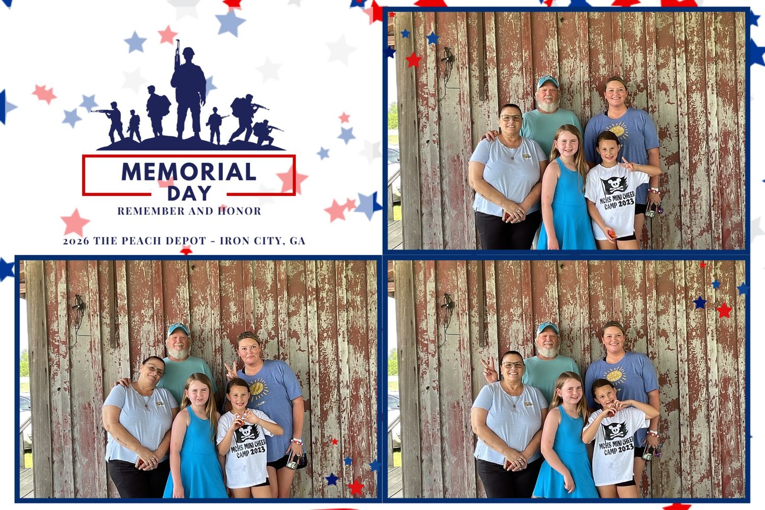 Family group smiling together at a Memorial Day Remember and Honor event at The Peach Depot, Iron City, GA.
