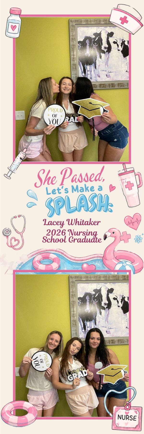 Photo booth strip celebrating Lacey Whitaker's 2026 nursing school graduation party with three friends posing with grad props.