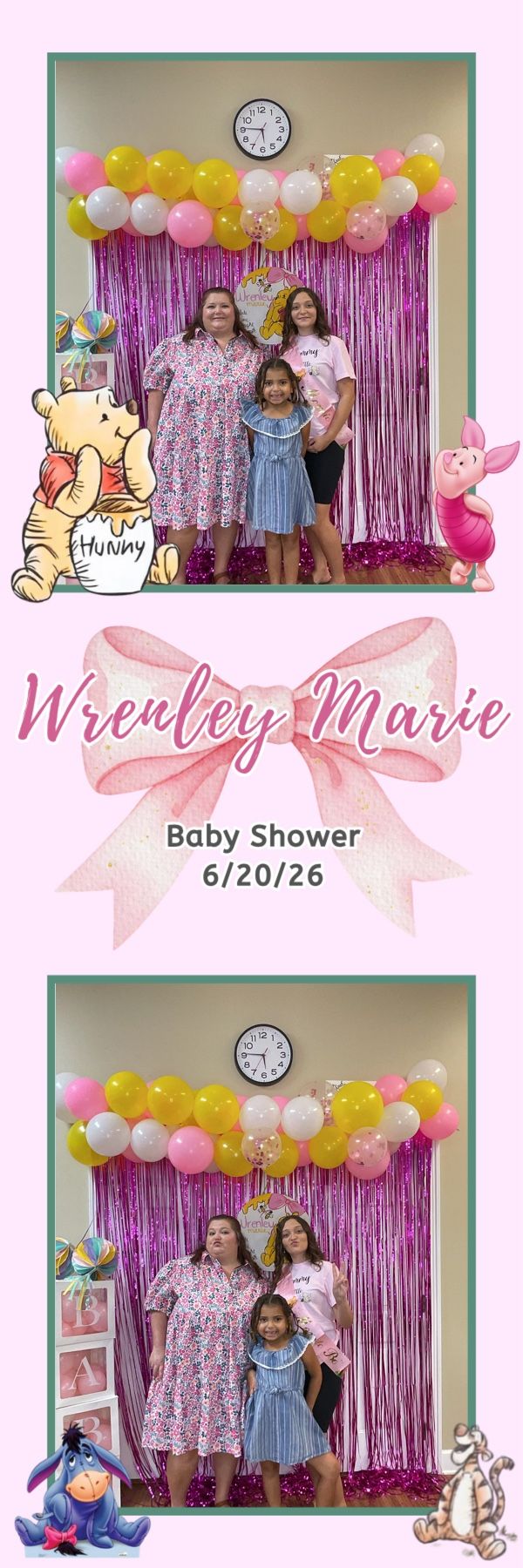Winnie the Pooh themed baby shower photo booth with three guests posing in front of pink balloon arch and fringe backdrop.