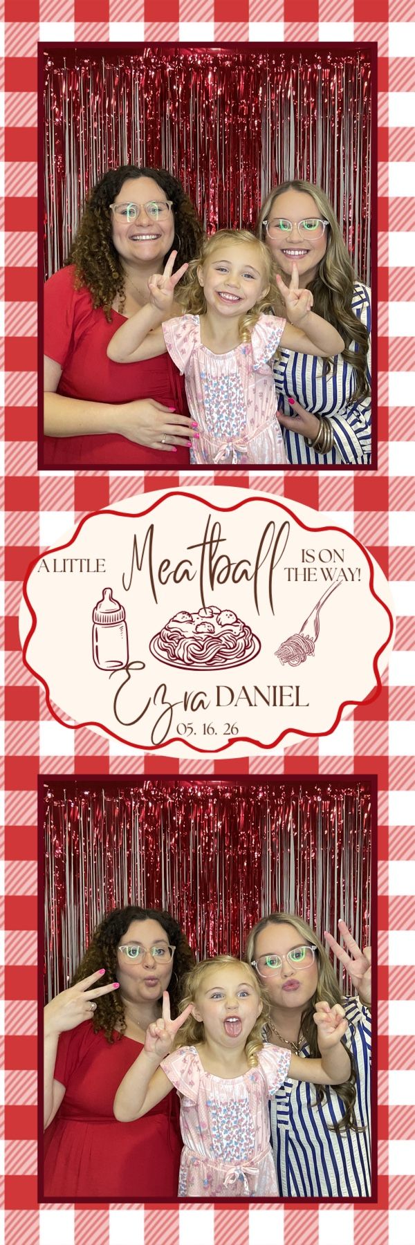Photo booth strip of three females posing at a baby shower for Ezra Daniel, due 05.16.26, with red gingham backdrop.