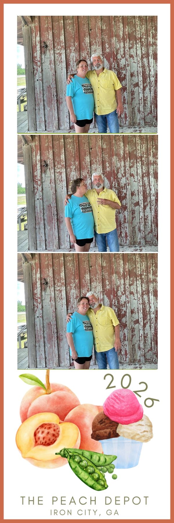 Couple posing at The Peach Depot photo booth in Iron City, GA, standing before a rustic barn wall in 2026.