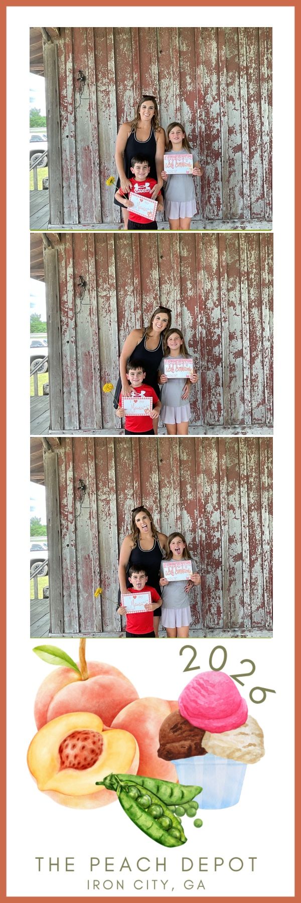 Photo booth strip from The Peach Depot Iron City GA 2026 showing a mom with two kids holding certificates in front of a rustic barn wall.