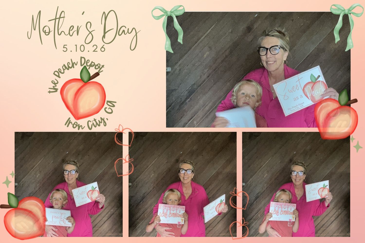 Woman and child hold peach drawings at The Peach Depot Mothers Day photo booth, Iron City, GA.