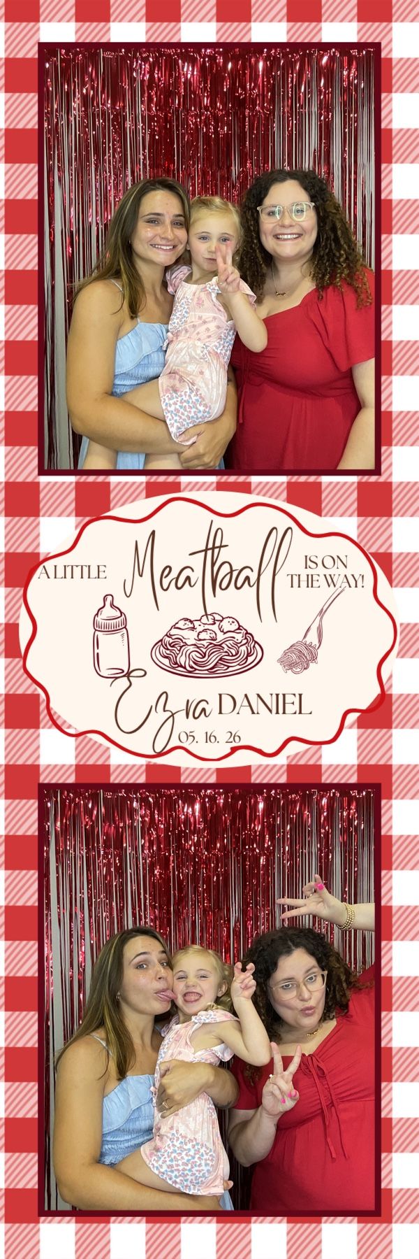 Photo booth strip from a meatball-themed baby shower for Ezra Daniel, featuring three women and a toddler posing playfully.