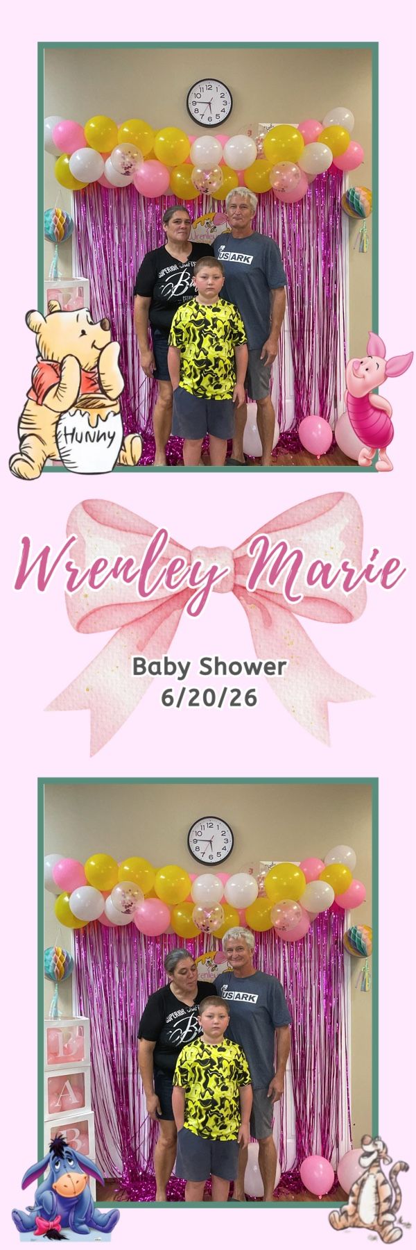 Three guests pose at Wrenley Marie Baby Shower 6/20/26 with pink and yellow balloon garland and Pooh decorations.