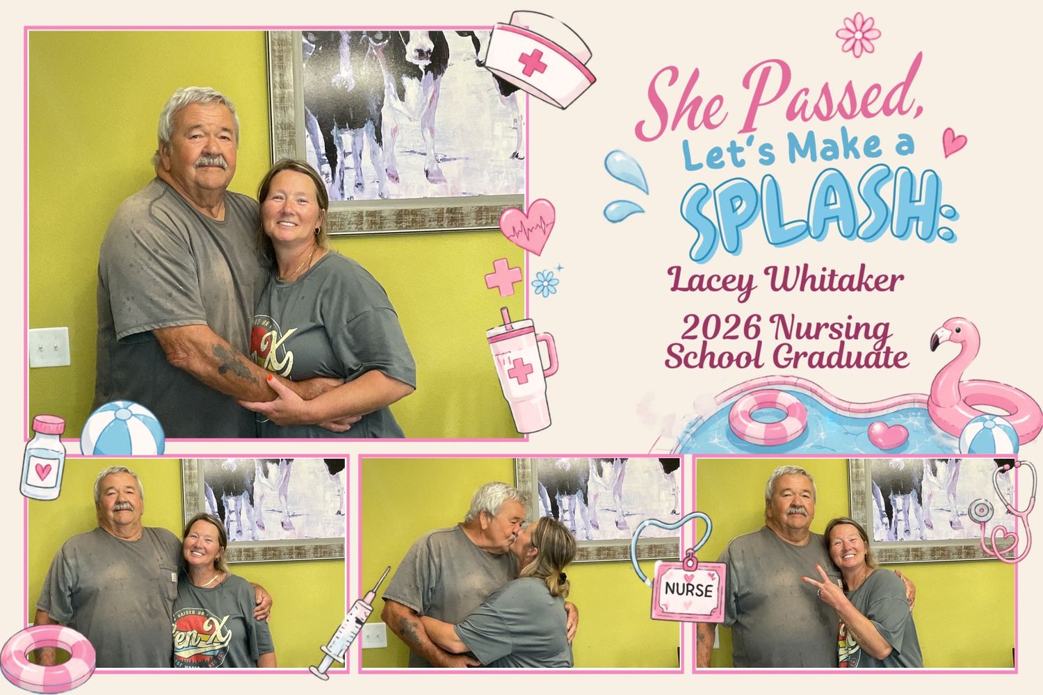 Photo booth strip celebrating Lacey Whitaker 2026 Nursing School Graduate with splash theme party decorations.