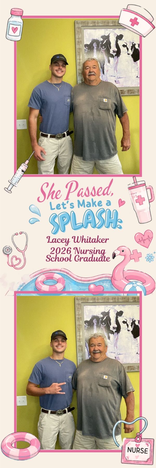 Two men pose at Lacey Whitaker's 2026 nursing school graduation party photo booth.