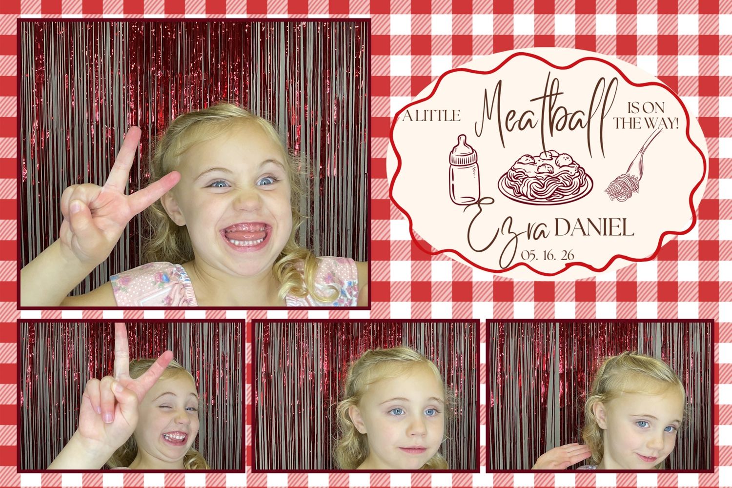Blonde girl making funny faces in a photo booth strip at a meatball-themed wedding celebration for Ezra and Daniel.
