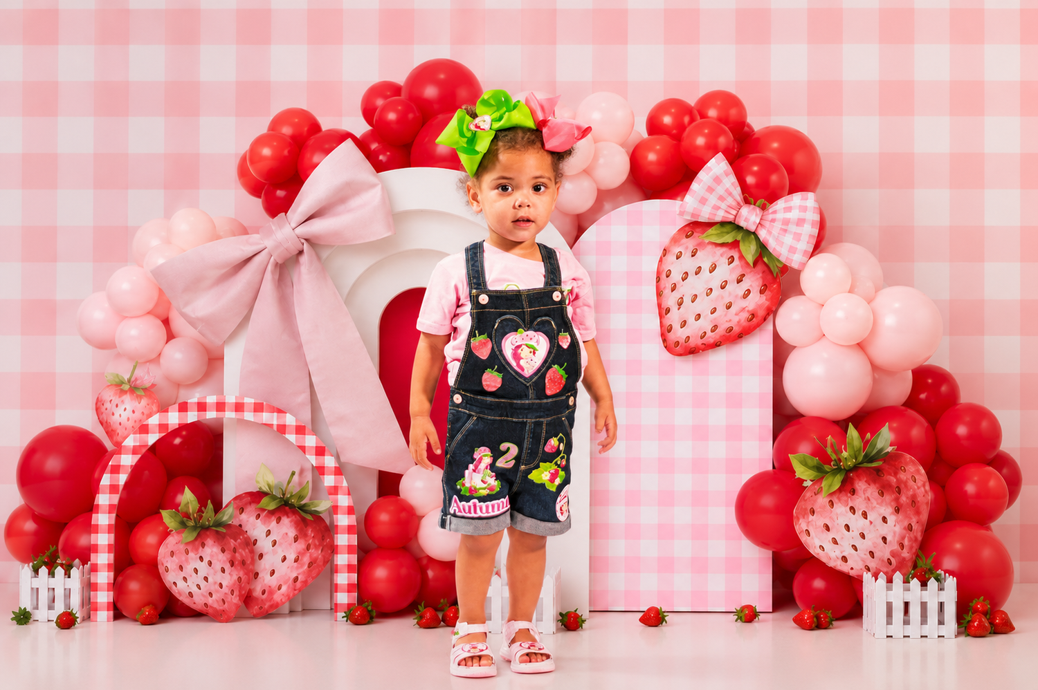 Toddler girl in denim overalls poses at a strawberry-themed birthday setup with pink balloons and decorations.
