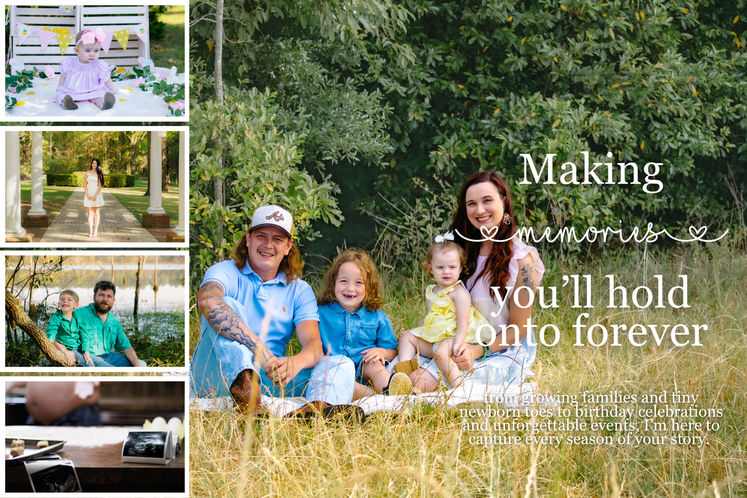 Family photography collage with children and parents in matching outfits outdoors, text reads Making Memories You'll Hold Onto Forever.