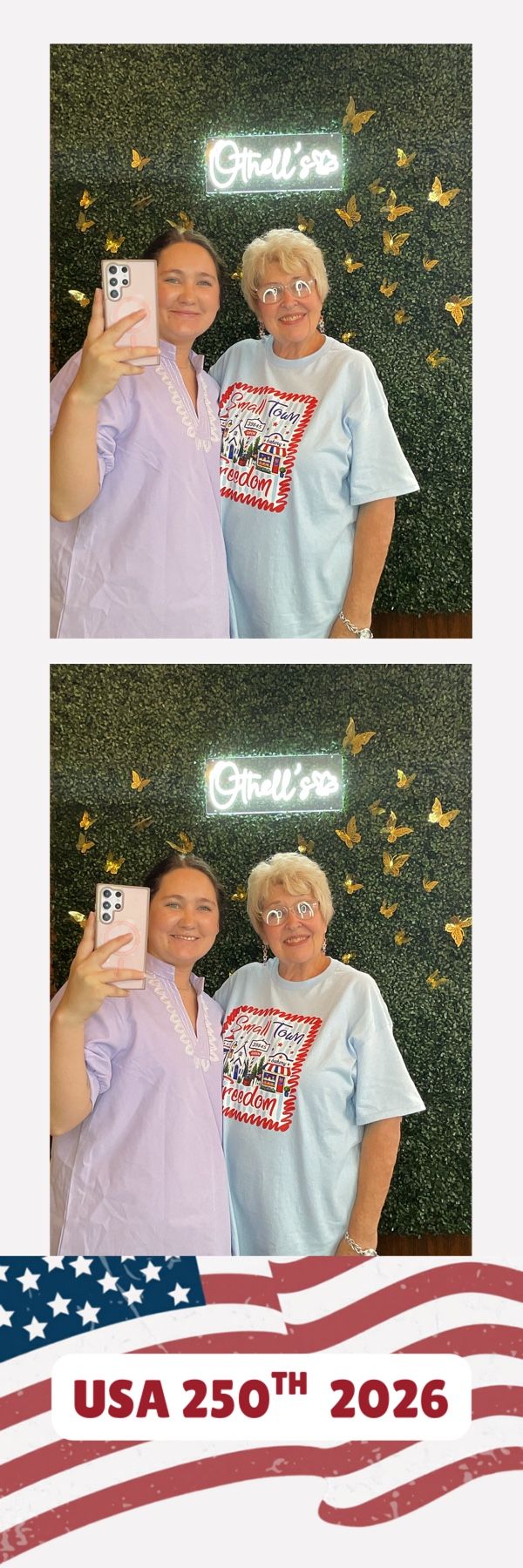 Two women take a selfie at Gtrall's photo booth with USA 250th 2026 American flag overlay.