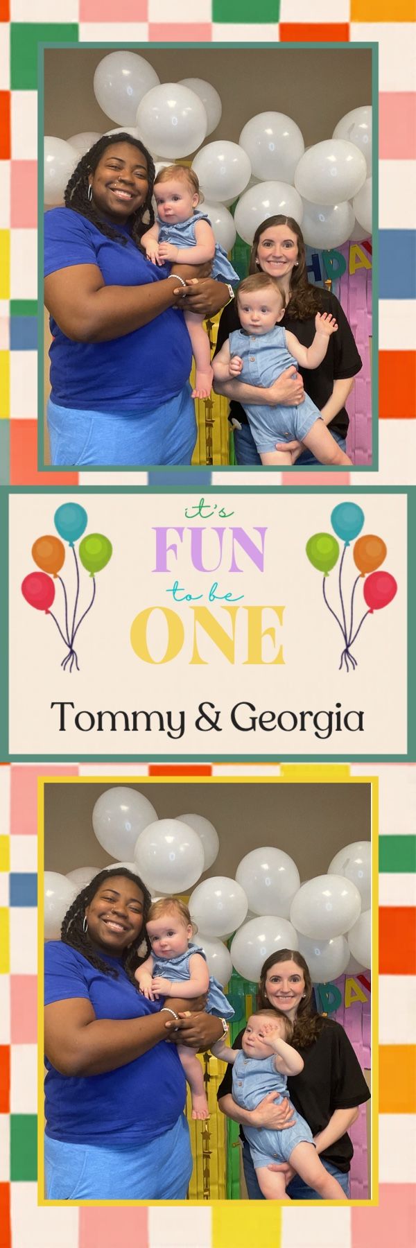 Two women hold babies at Tommy and Georgia's colorful first birthday party with white balloons.