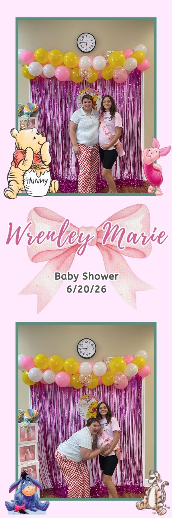Two women celebrate at Wrenley Marie baby shower photo booth with Winnie the Pooh decorations and balloon arch.