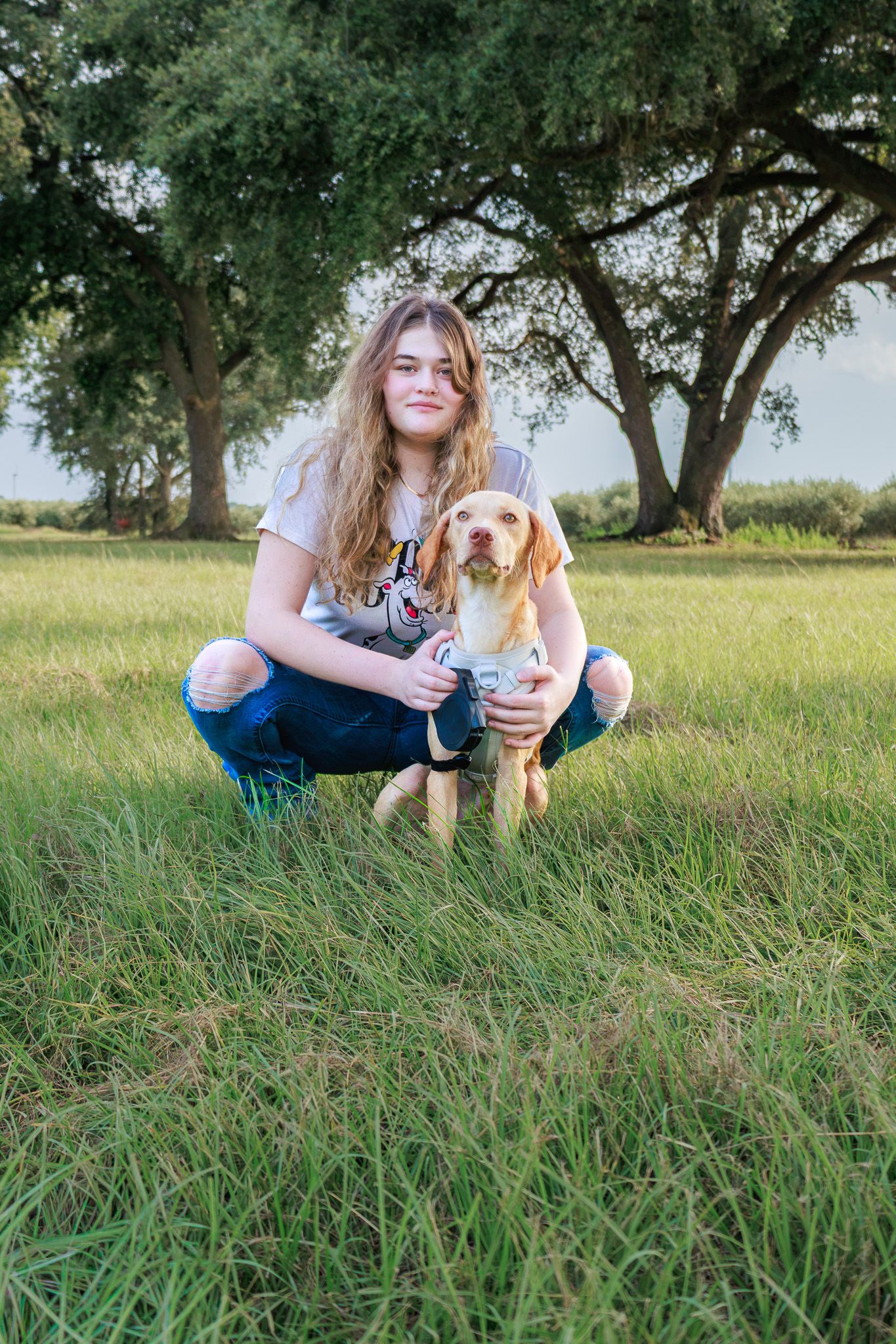 Young woman with long blonde hair crouching in green grass hugging a golden Vizsla dog under large oak trees.
