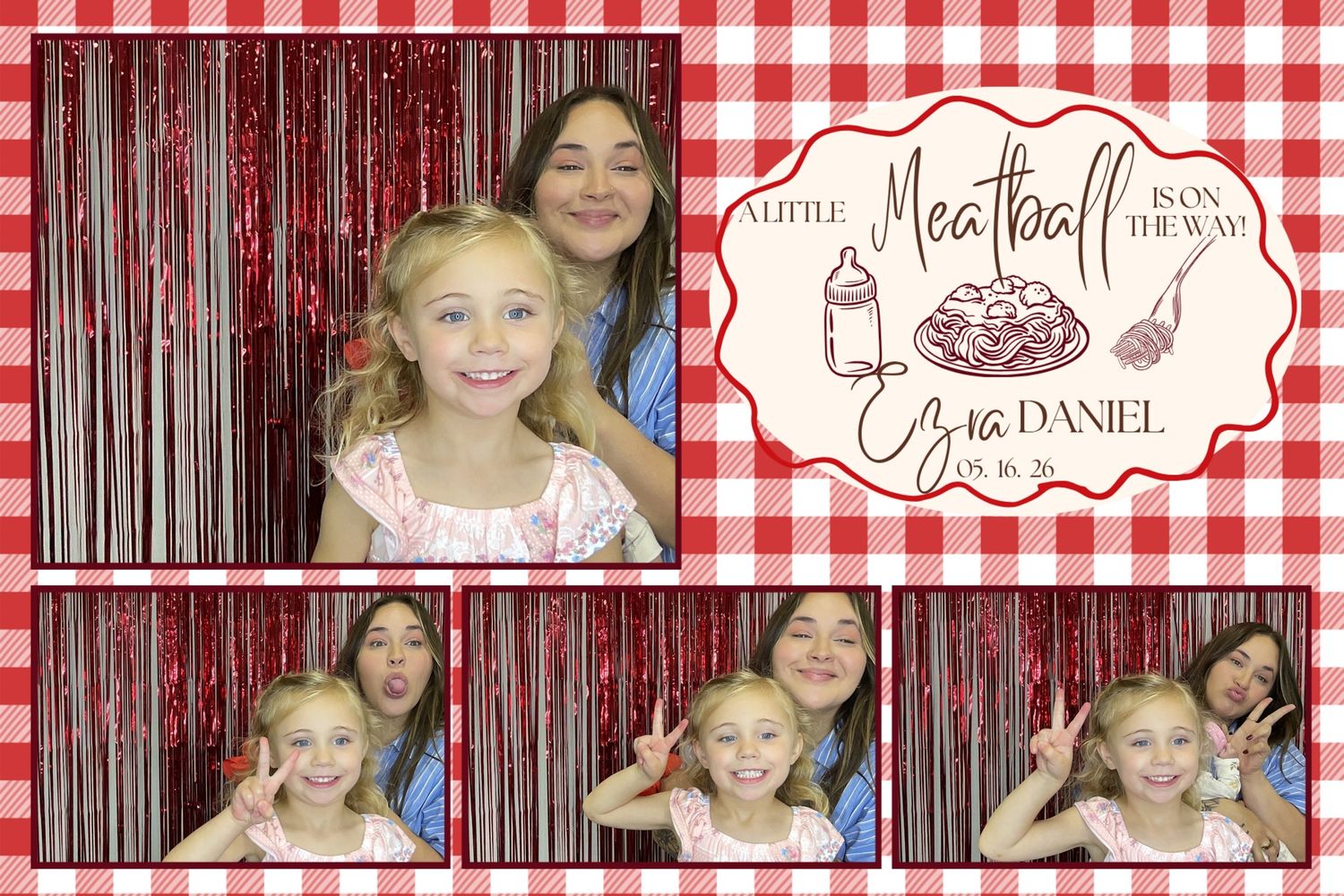 Photo booth strip showing two girls posing at Ezra and Daniel wedding event with red gingham backdrop.