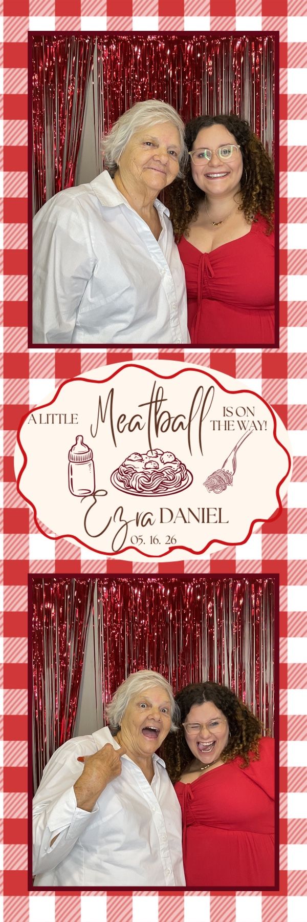 Two women smile and pose at a meatball-themed baby shower photo booth with red tinsel backdrop.