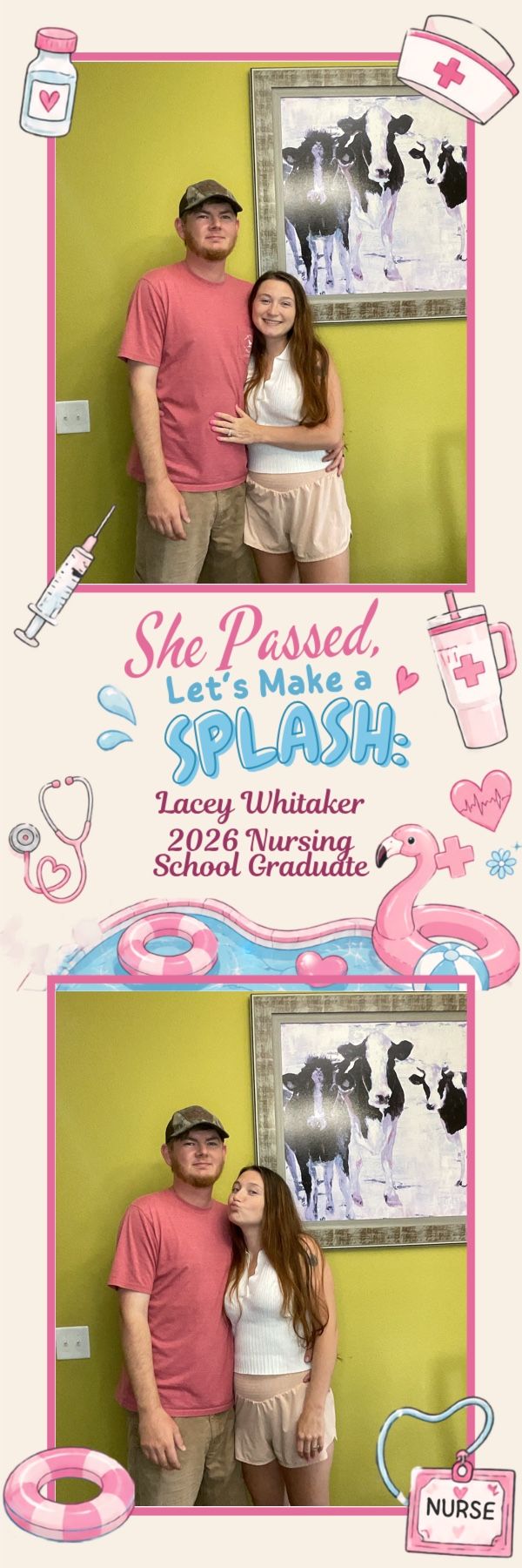 Photo booth strip for Lacey Whitaker 2026 Nursing School Graduate featuring a couple posing in two fun photos.