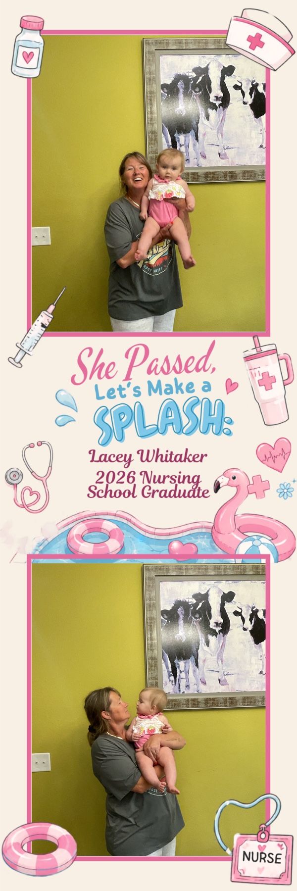 Older woman joyfully holding a baby at Lacey Whitaker's 2026 nursing school graduation celebration.
