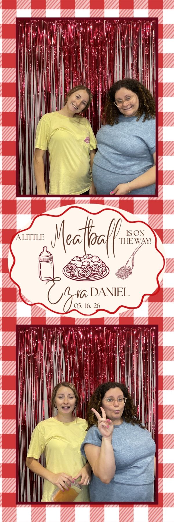 Two women smile and pose at a red tinsel backdrop at a meatball-themed baby shower.