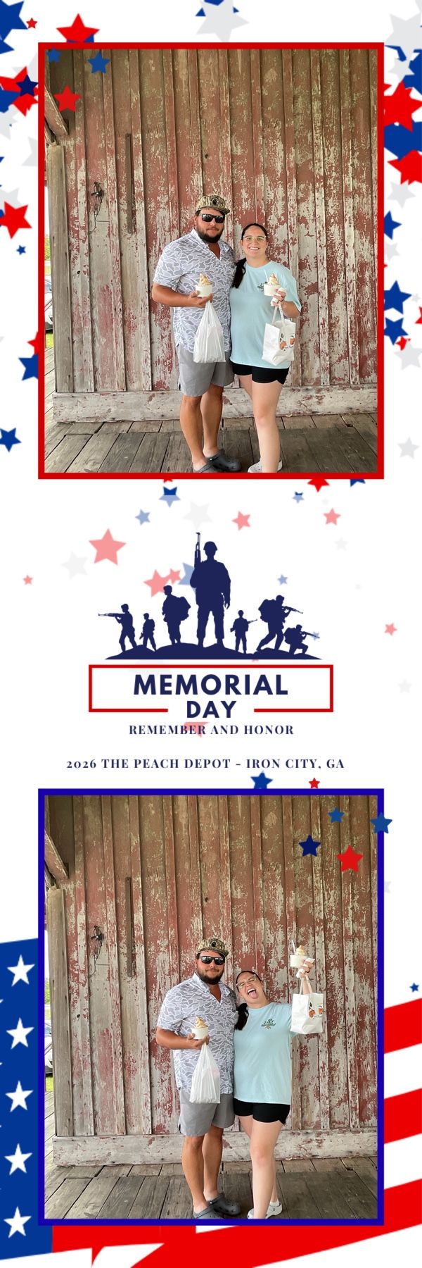 Couple posing at Memorial Day event at The Peach Depot in Iron City, GA, with patriotic red, white, and blue star decorations.
