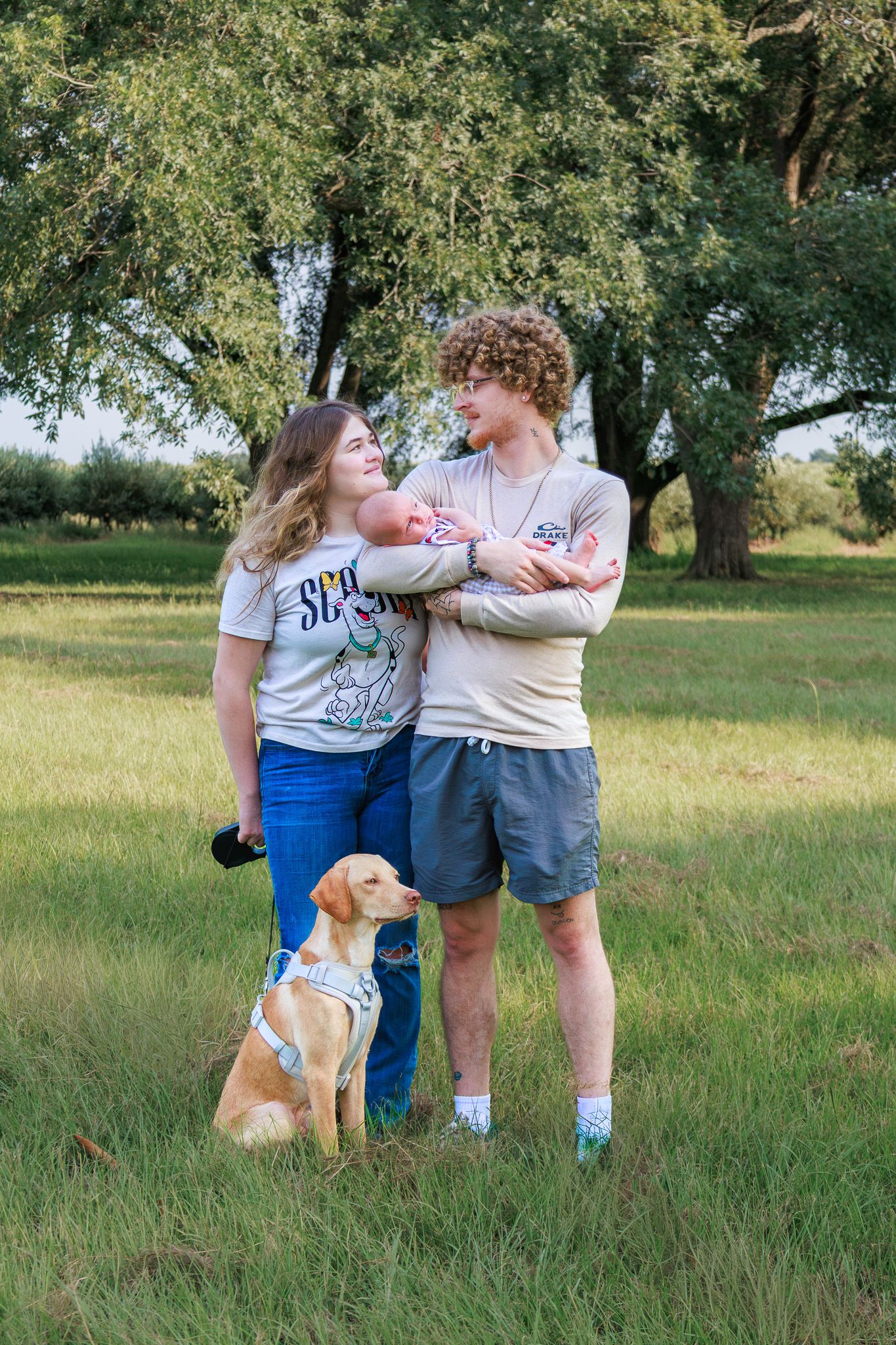 Young couple holding newborn baby with golden retriever dog standing in green grassy field with trees.