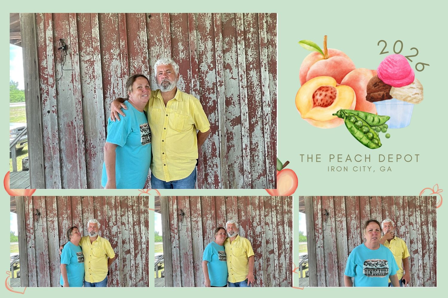 Two people pose together at The Peach Depot photo booth in Iron City, GA, 2026.