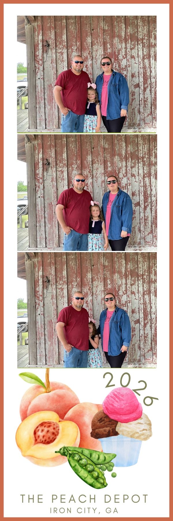 Family of three with young girl in photo booth strip at The Peach Depot Iron City GA against weathered barn wall.